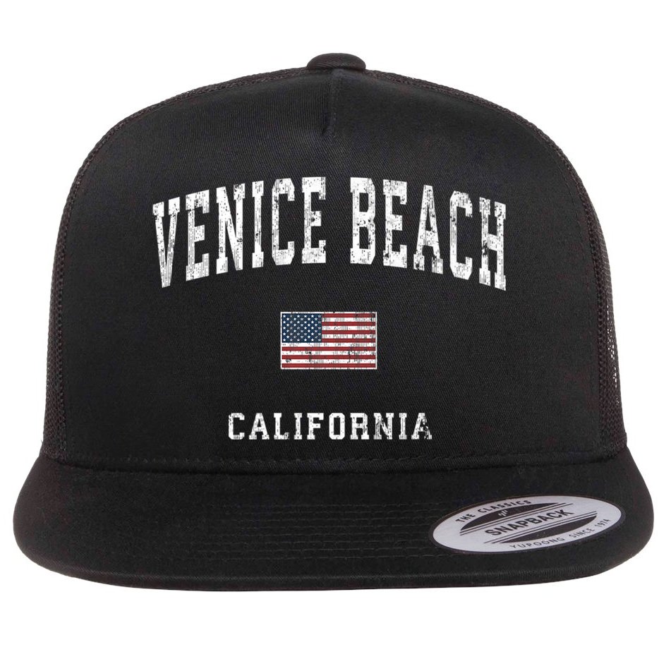 Venice Beach California Ca Vintage American Flag Sports Flat Bill Trucker Hat