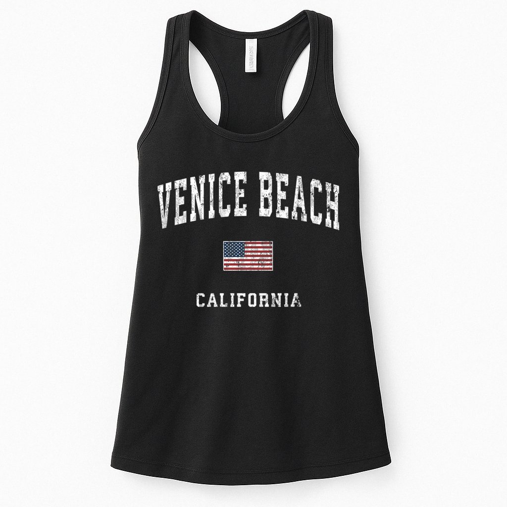 Venice Beach California Ca Vintage American Flag Sports Womens Tank Top