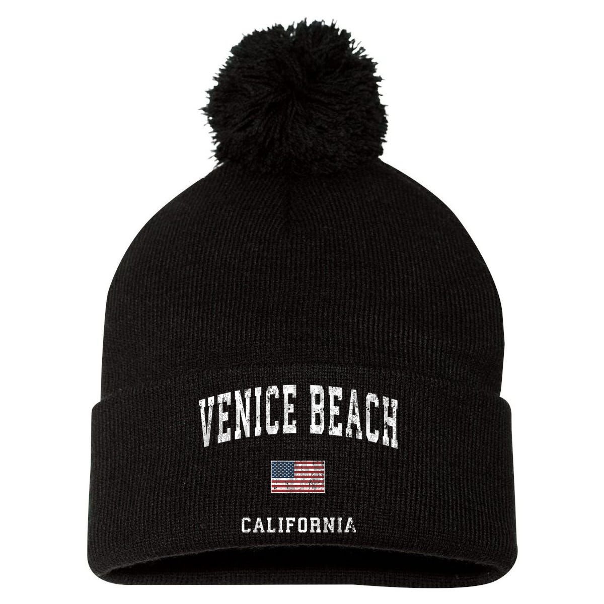 Venice Beach California Ca Vintage American Flag Sports Pom Pom 12in Knit Beanie