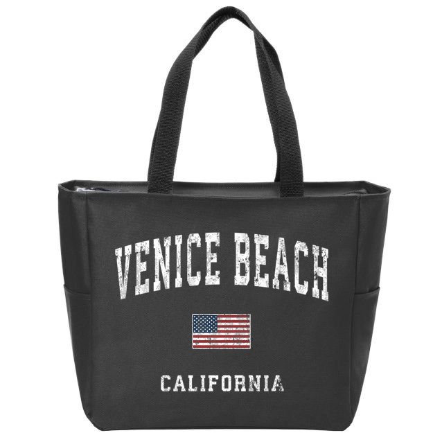 Venice Beach California Ca Vintage American Flag Sports Zip Tote Bag