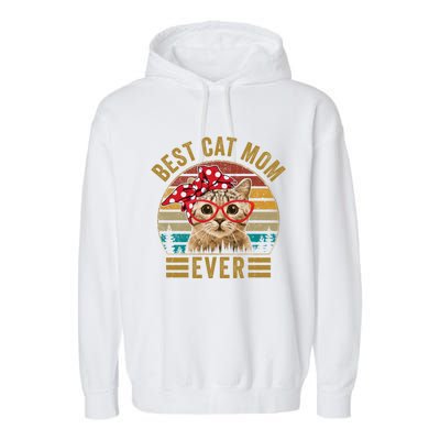 Vintage Best Cat Mom Ever Cat With Red Bandana Red Glasses Great Gift Garment-Dyed Fleece Hoodie