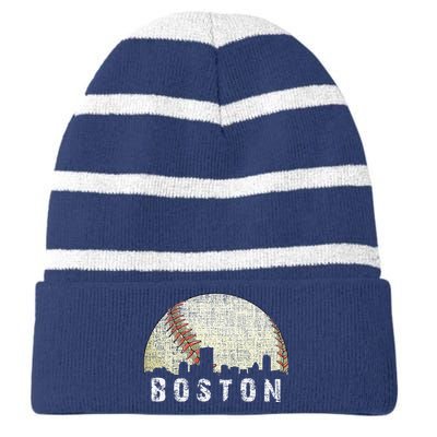 Vintage Boston Cityscape Baseball Lover Striped Beanie with Solid Band