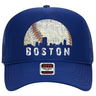 Vintage Boston Cityscape Baseball Lover High Crown Mesh Back Trucker Hat