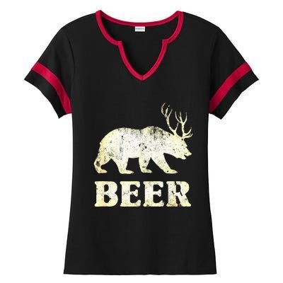 Vintage Bear Deer Funny Beer Ladies Halftime Notch Neck Tee