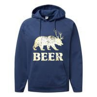 Vintage Bear Deer Funny Beer Performance Fleece Hoodie