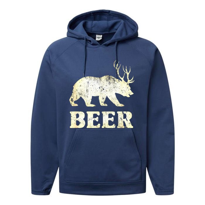 Vintage Bear Deer Funny Beer Performance Fleece Hoodie