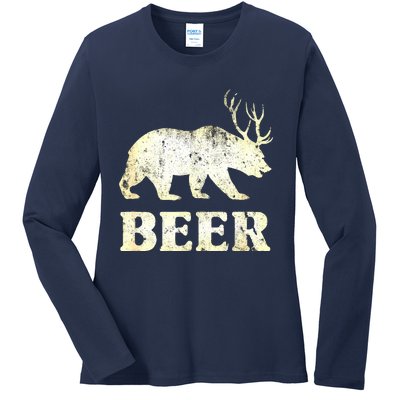 Vintage Bear Deer Funny Beer Ladies Long Sleeve Shirt