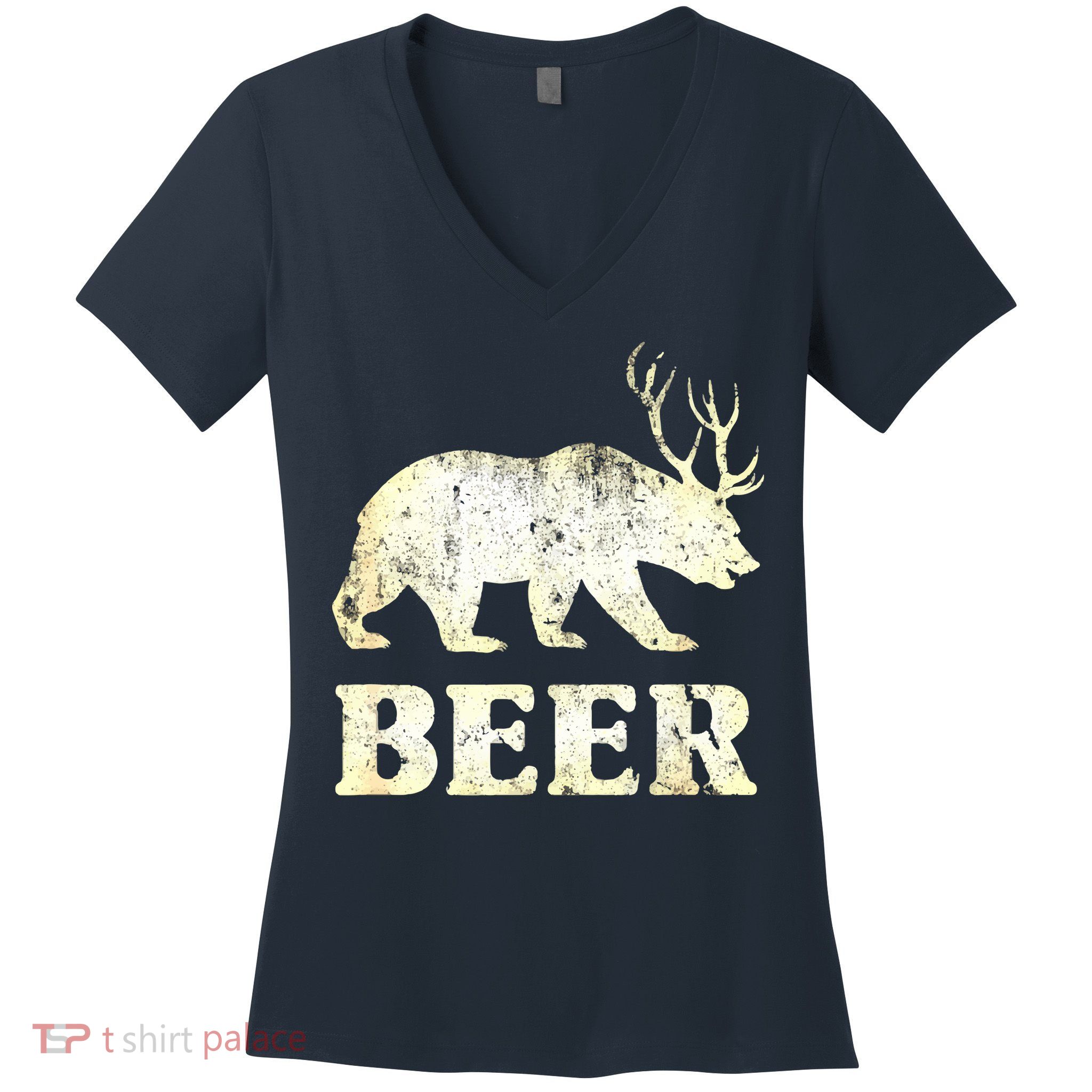Vintage Bear Deer Funny Beer Women's V-Neck T-Shirt