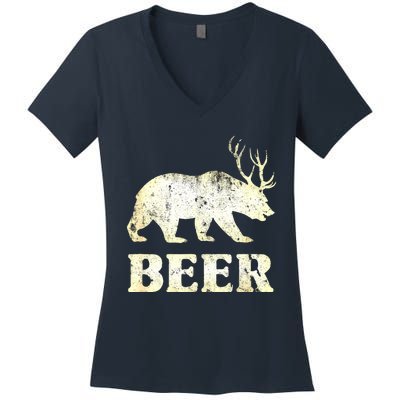 Vintage Bear Deer Funny Beer Women's V-Neck T-Shirt