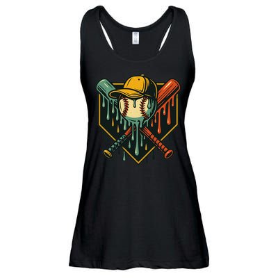 Vintage Baseball Drip Ice Cream Bat Home Plate Ladies Essential Flowy Tank