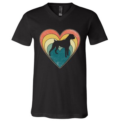 Vintage Boxer Dog Heart Valentines Day V-Neck T-Shirt