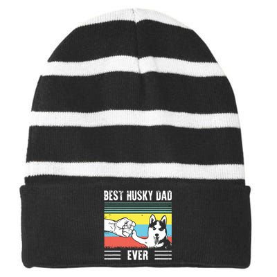 Vintage Best Dog Dad Ever Siberian Husky Fathers Day Gift Striped Beanie with Solid Band