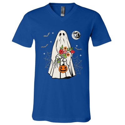 Vintage Boo Floral Jack O Lantern Ghost Halloween Costumes V-Neck T-Shirt