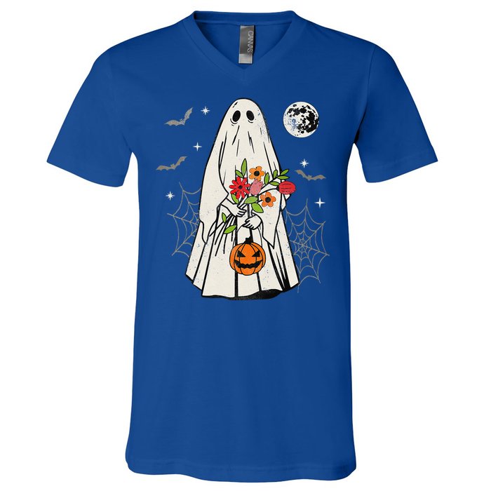 Vintage Boo Floral Jack O Lantern Ghost Halloween Costumes V-Neck T-Shirt