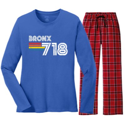 Vintage Bronx Funny Gift Proud 718 New York City State Gift Women's Long Sleeve Flannel Pajama Set 