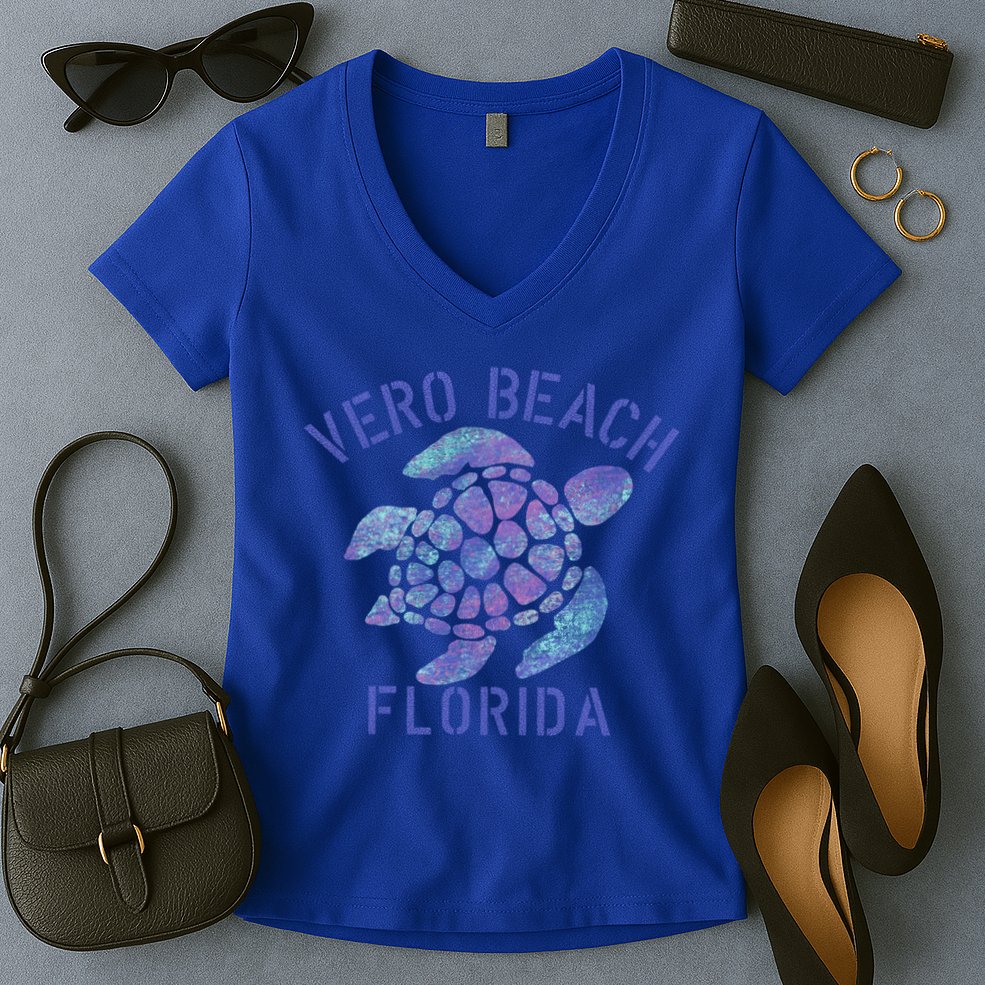 Vero Beach Fl Beach Design / Tribal Turtle Gift Women's V-Neck T-Shirt