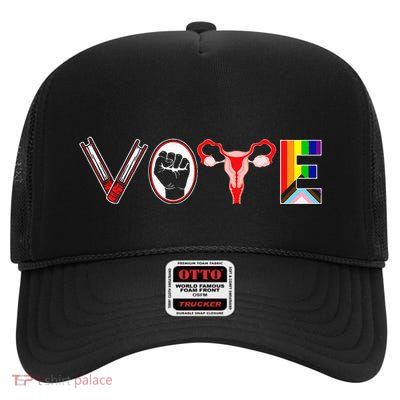 Vote Books Fist Ovaries Lgtbq Feminist Women High Crown Mesh Back Trucker Hat