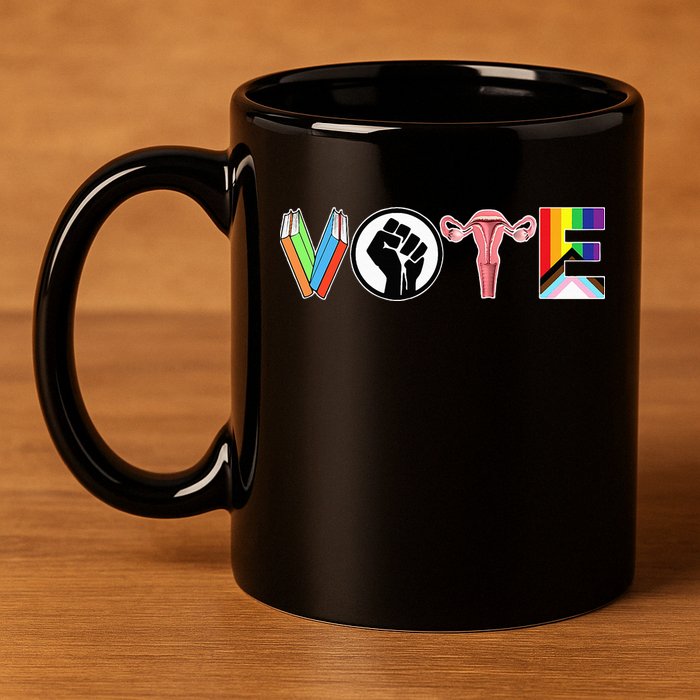 Vote Books Fist Ovaries Lgtbq 11oz C Handle Ceramic Mug