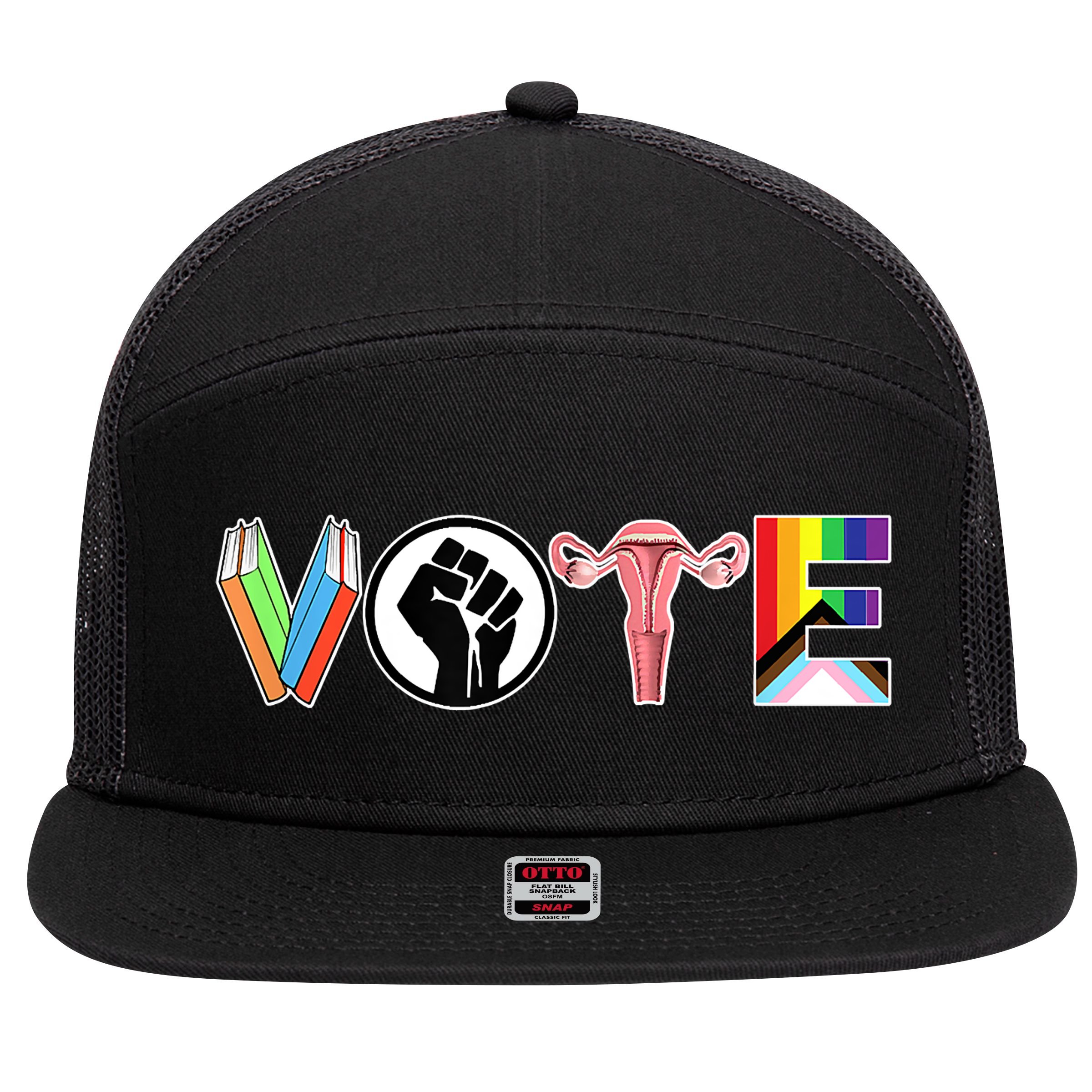 Vote Books, Fist, Ovaries, LGTBQ 7 Panel Mesh Trucker Snapback Hat