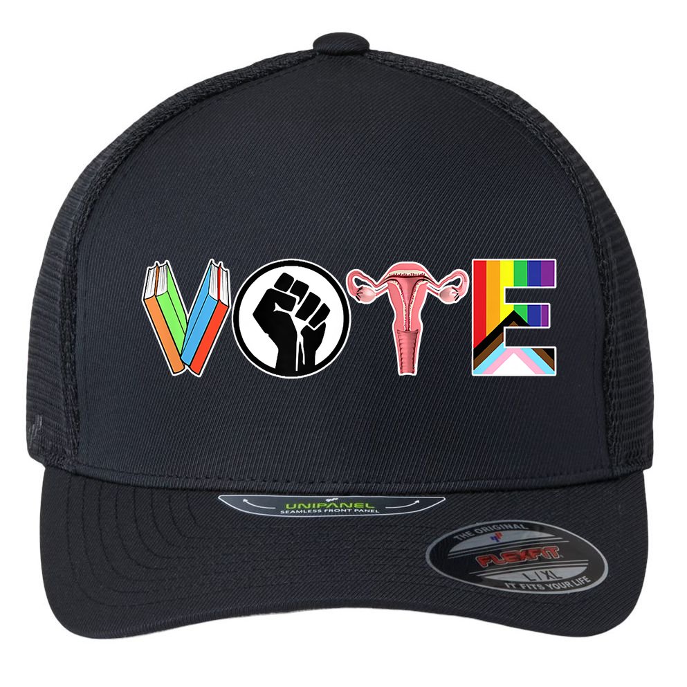 Vote Books, Fist, Ovaries, LGTBQ Flexfit Unipanel Trucker Cap