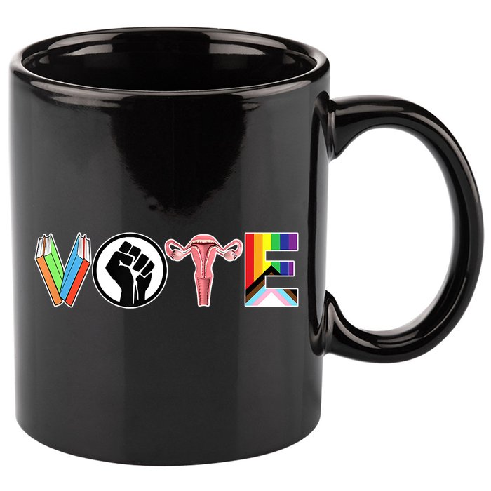 Vote Books, Fist, Ovaries, LGTBQ 11oz C Handle Ceramic Mug