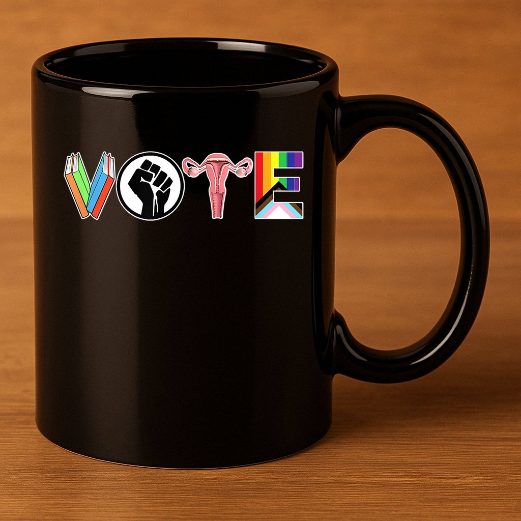 Vote Books, Fist, Ovaries, LGTBQ 11oz C Handle Ceramic Mug