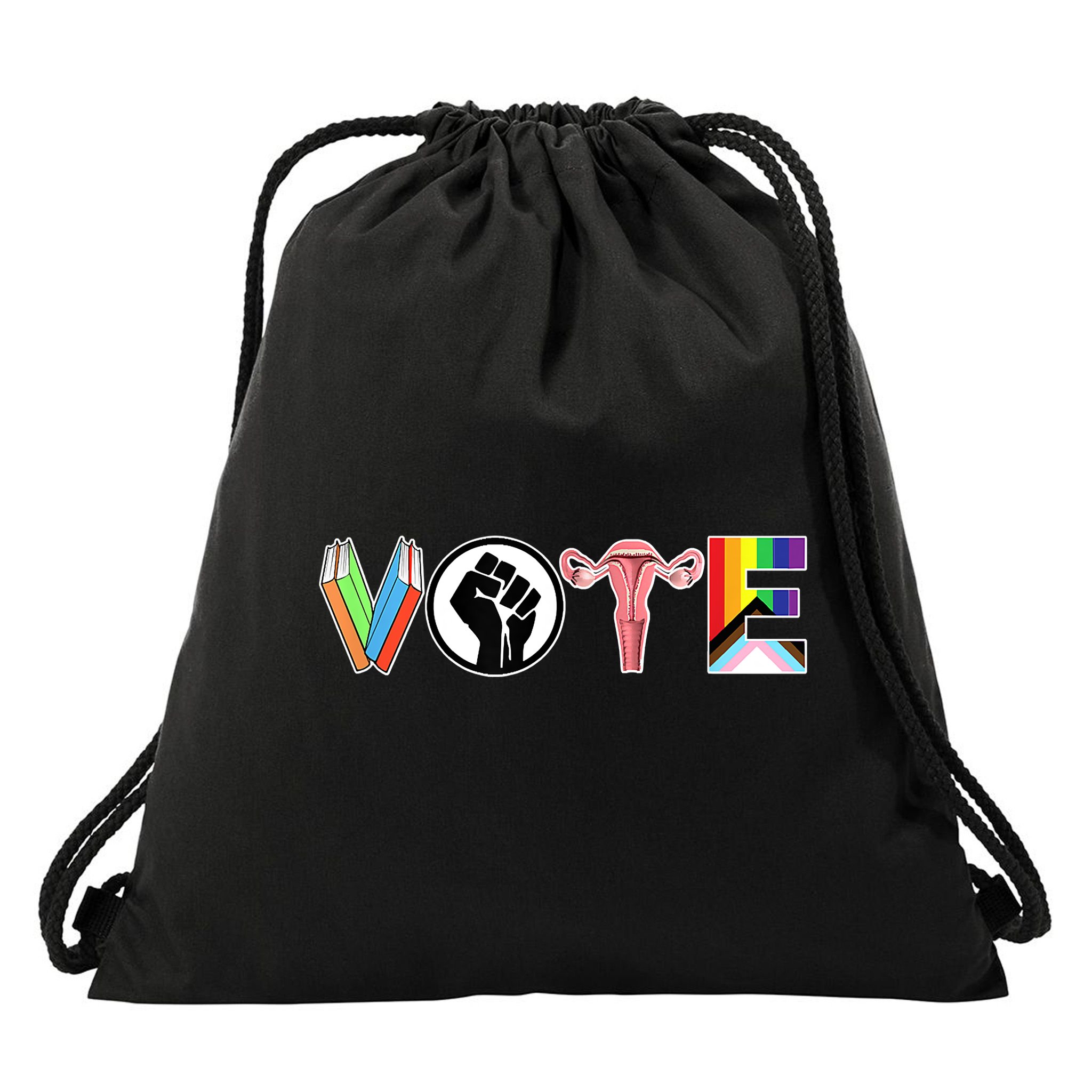 Vote Books, Fist, Ovaries, LGTBQ Drawstring Bag