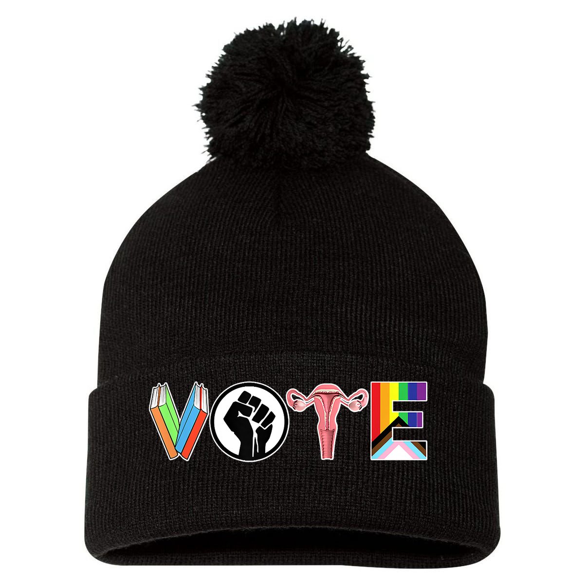 Vote Books, Fist, Ovaries, LGTBQ Pom Pom 12in Knit Beanie