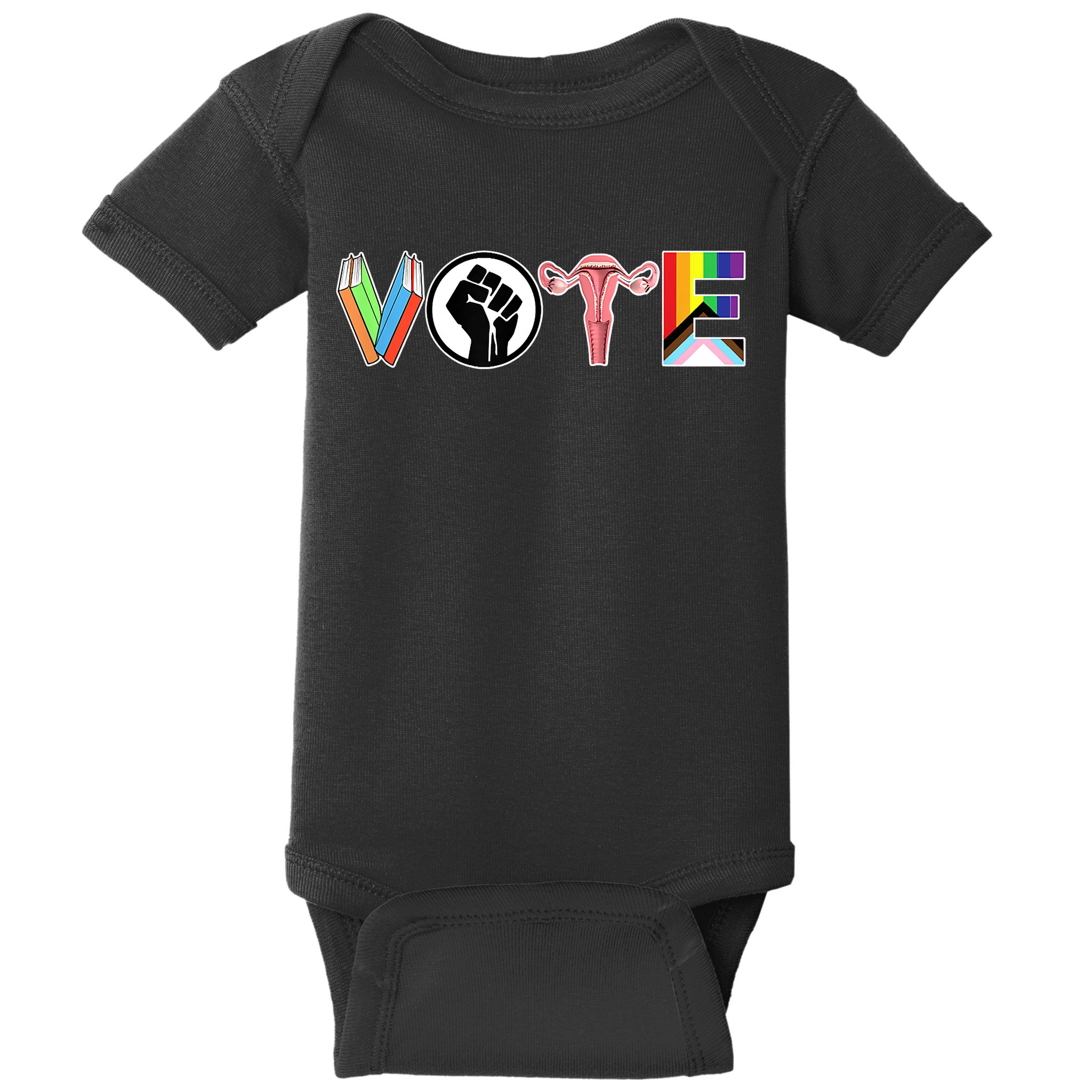 Vote Books, Fist, Ovaries, LGTBQ Baby Bodysuit