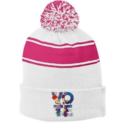 Vote Blue Floral Flower Democrat Kamala 2024 Stripe Pom Pom Beanie