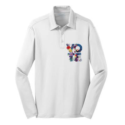 Vote Blue Floral Flower Democrat Kamala 2024 Silk Touch Performance Long Sleeve Polo