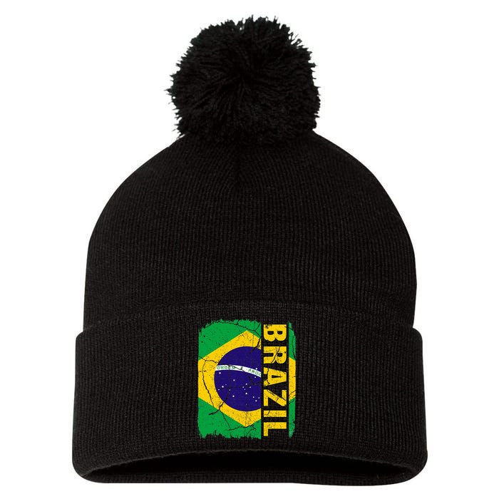 Vintage Brazilian Flag Brazil Pride Roots Heritage Gift Pom Pom 12in Knit Beanie