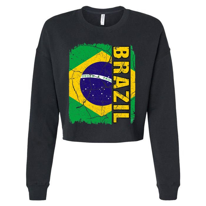 Vintage Brazilian Flag Brazil Pride Roots Heritage Gift Cropped Pullover Crew