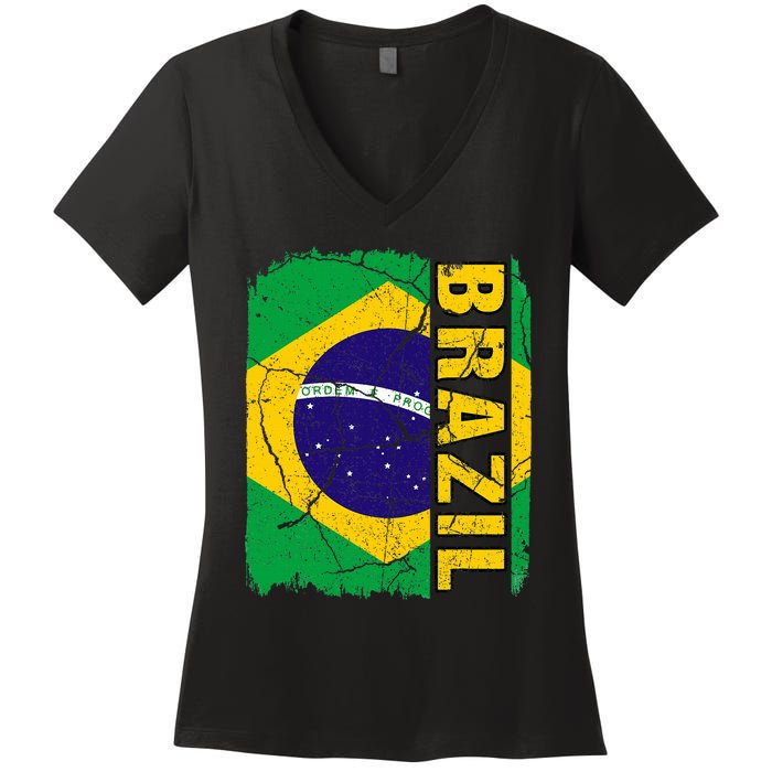 Vintage Brazilian Flag Brazil Pride Roots Heritage Gift Women's V-Neck T-Shirt