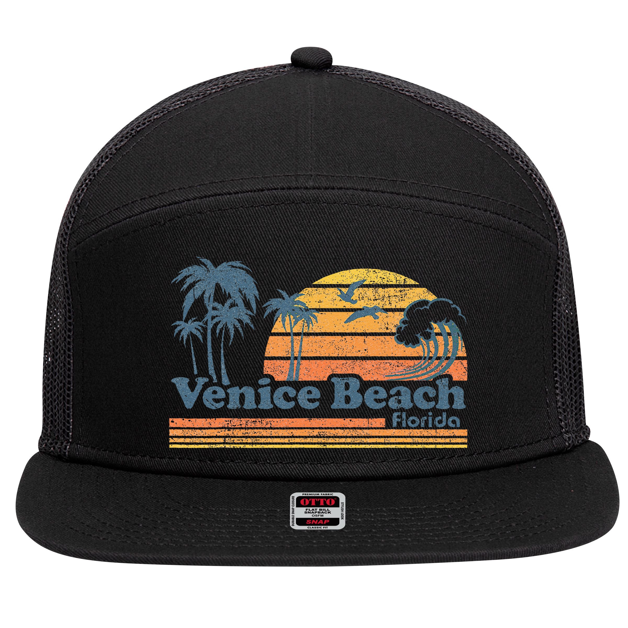 Venice Beach Florida Vintage Spring Break Vacation Retro 7 Panel Mesh Trucker Snapback Hat