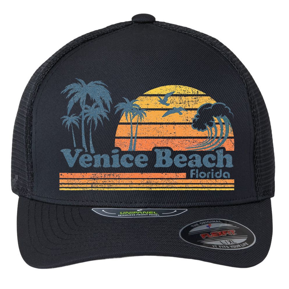 Venice Beach Florida Vintage Spring Break Vacation Retro Flexfit Unipanel Trucker Cap