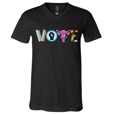 Vote Books Fist Ovaries Lgtbq V-Neck T-Shirt