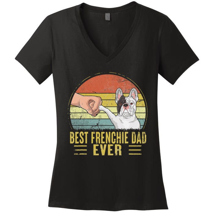 Vintage Best Frenchie Dad Ever Fist Bump French Bulldog Dad Women's V-Neck T-Shirt