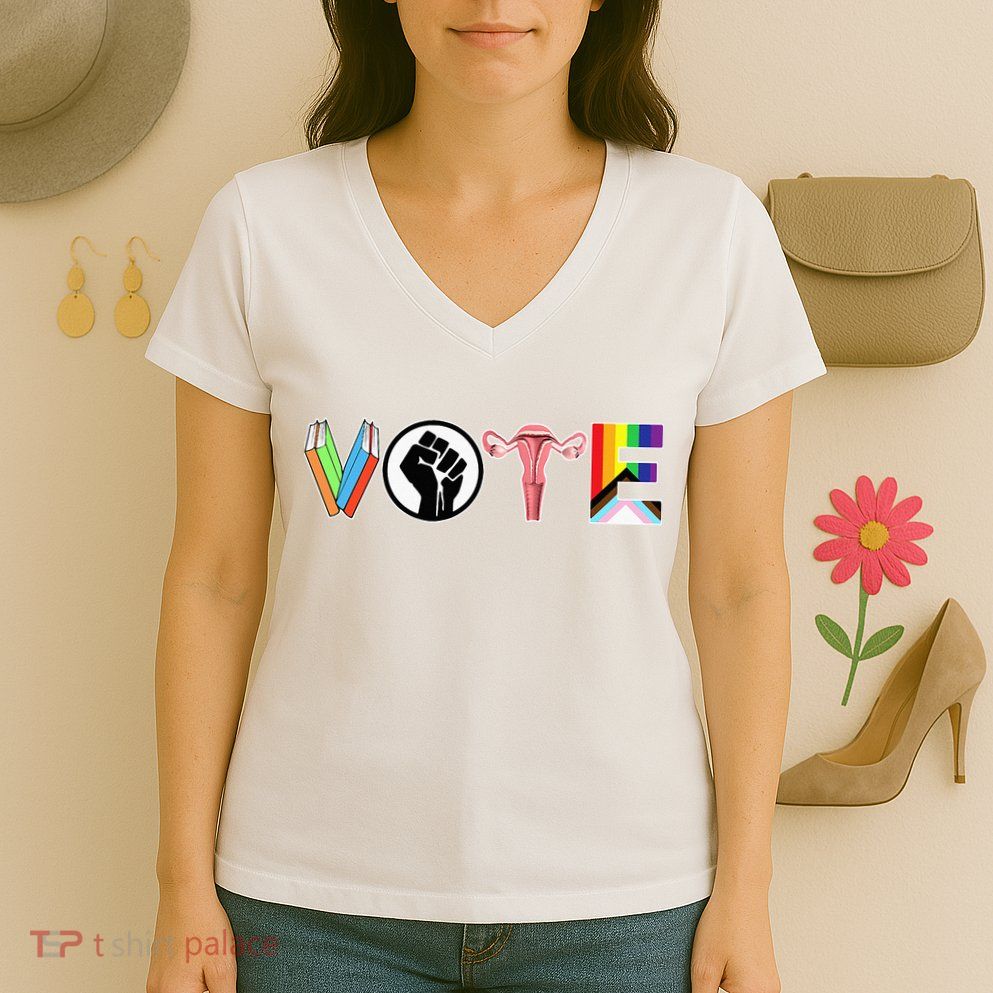 Vote Books Fist Ovaries Lgtbq Women's V-Neck T-Shirt