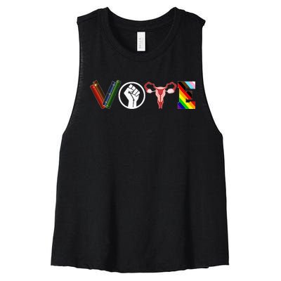 Vote Books Fist Ovaries Lgbtq Funny Women's Racerback Cropped Tank