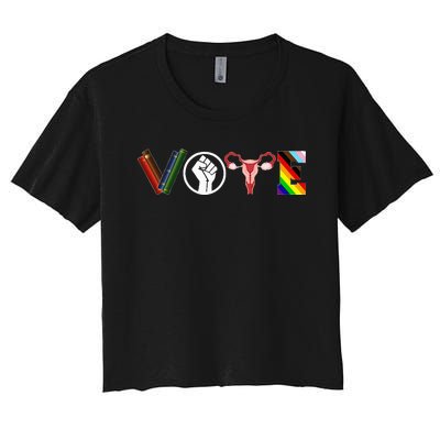 Vote Books Fist Ovaries Lgbtq Funny Women's Crop Top Tee