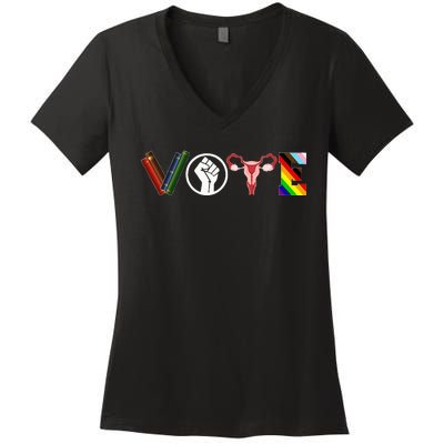 Vote Books Fist Ovaries Lgbtq Funny Women's V-Neck T-Shirt