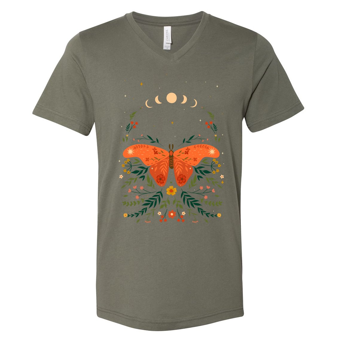 Vintage Boho Garden Moon Moth V-Neck T-Shirt