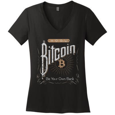 Vintage Bitcoin Hodl Be Your Own Bank Distressed Crypto Women's V-Neck T-Shirt