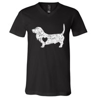 Vintage Basset Hound Heart Silhouette Dog Puppy V-Neck T-Shirt