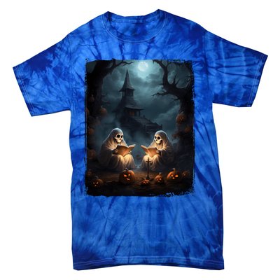 Vintage Boo Halloween Camping Reading Teacher Books Ghost Gift Tie-Dye T-Shirt