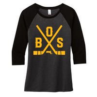 Vintage Boston Hockey Sticks State Outline Women's Tri-Blend 3/4-Sleeve Raglan Shirt