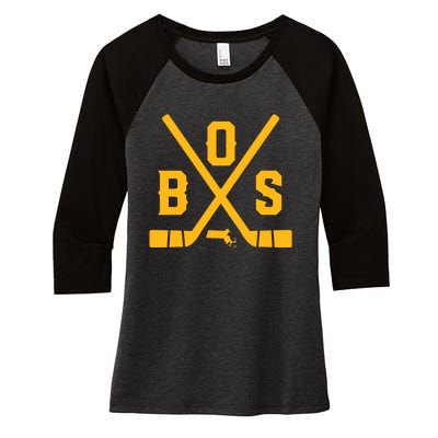 Vintage Boston Hockey Sticks State Outline Women's Tri-Blend 3/4-Sleeve Raglan Shirt