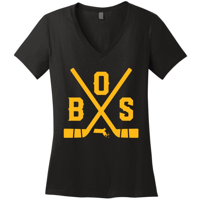 Vintage Boston Hockey Sticks State Outline Women's V-Neck T-Shirt