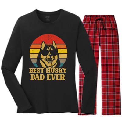 Vintage Best Husky Dad Ever Gift For Dog Lover Women's Long Sleeve Flannel Pajama Set 